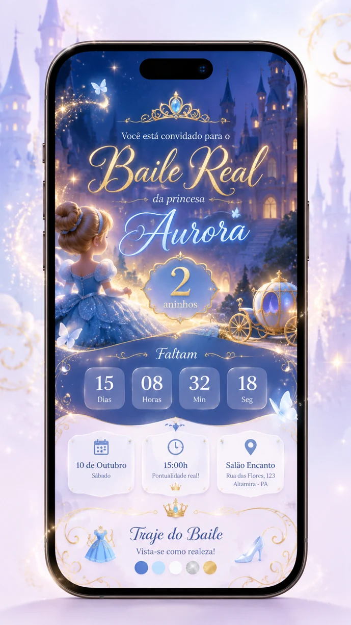 Prévia ilustrativa do convite digital Baile Real, com castelo, detalhes dourados e festa de 2 aninhos
